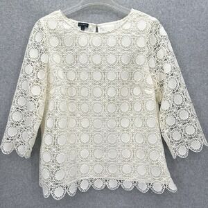 Talbots Women Size‎ Medium Cream Crochet Tunic Top 3/4 Sleeve Lined Elegant